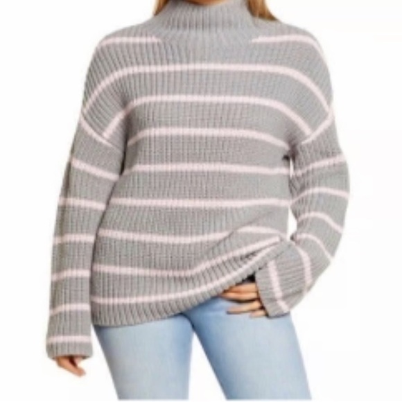 CASLON CHUNKY KNIT MOCK NECK COTTON SWEATER GRAY BABY PINK STRIPES SZ SMALL NWT - Picture 9 of 9